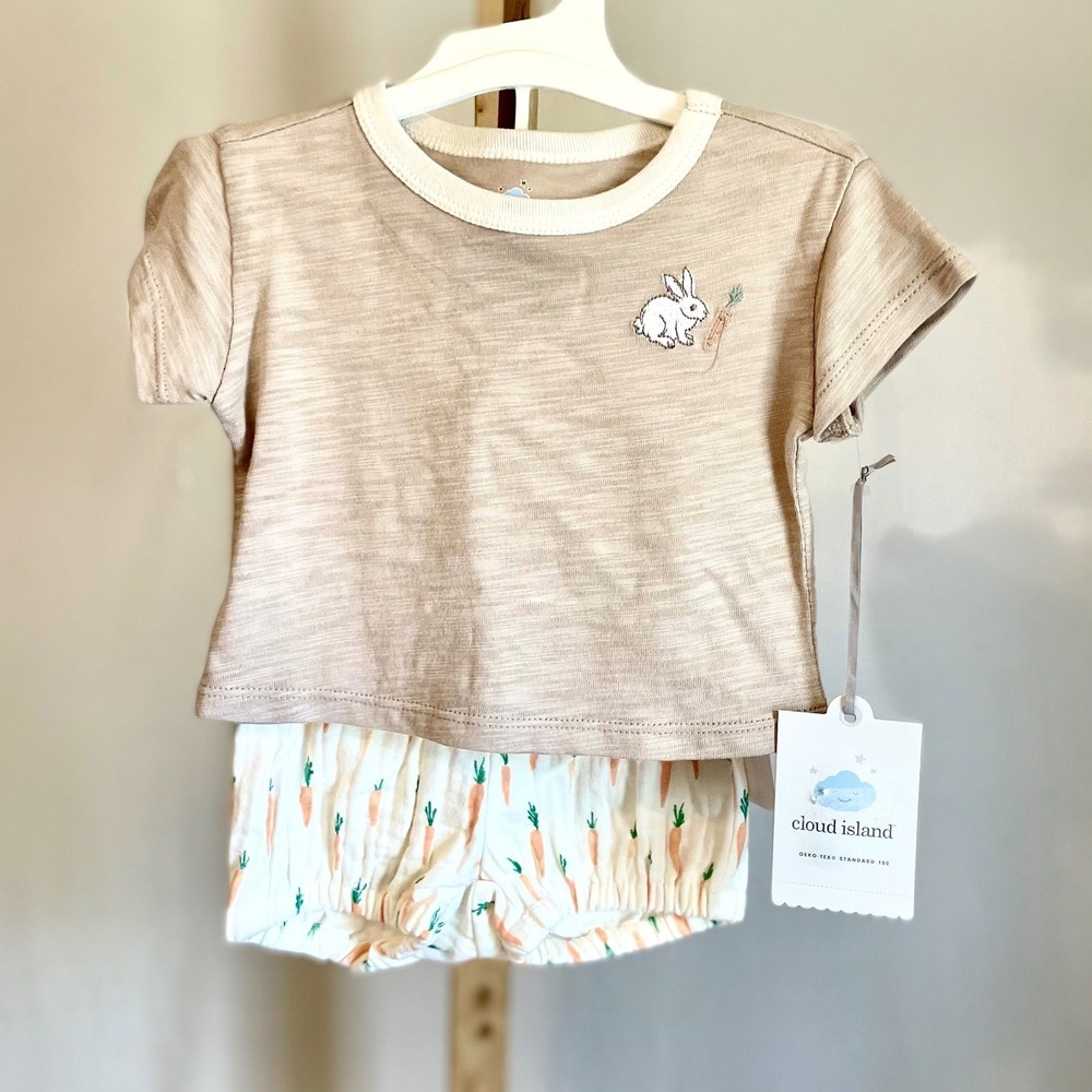 Cloud Island Baby Bunny Carrot T-Shirt‎ and Bloomer Outfit Set Tan White NWT 24M